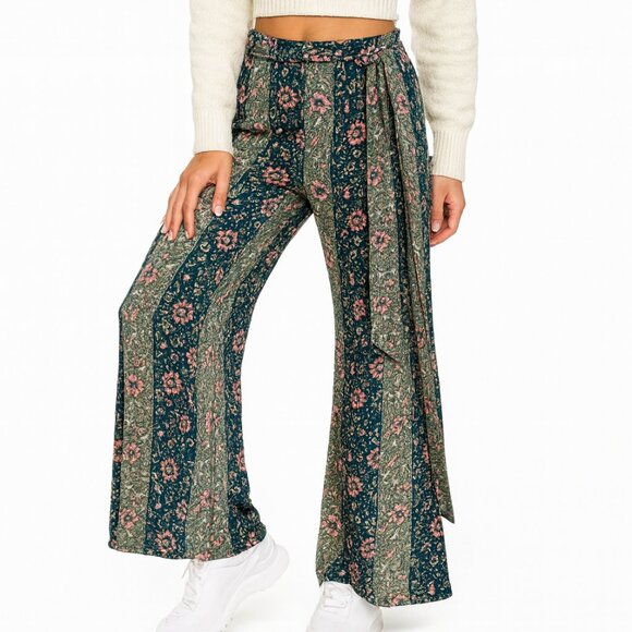 free people Pants - Free People Bali Sultry Boho Floral Flare Pants Teal Pink Green M Perfect Gift